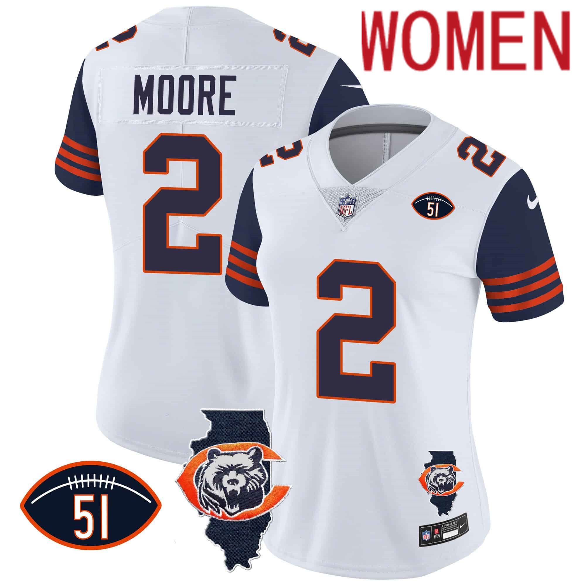 Women Chicago Bears #2 Moore White 2024 Nike Throwback Illinois Patch Vapor NFL Jersey style 1->women nfl jersey->Women Jersey